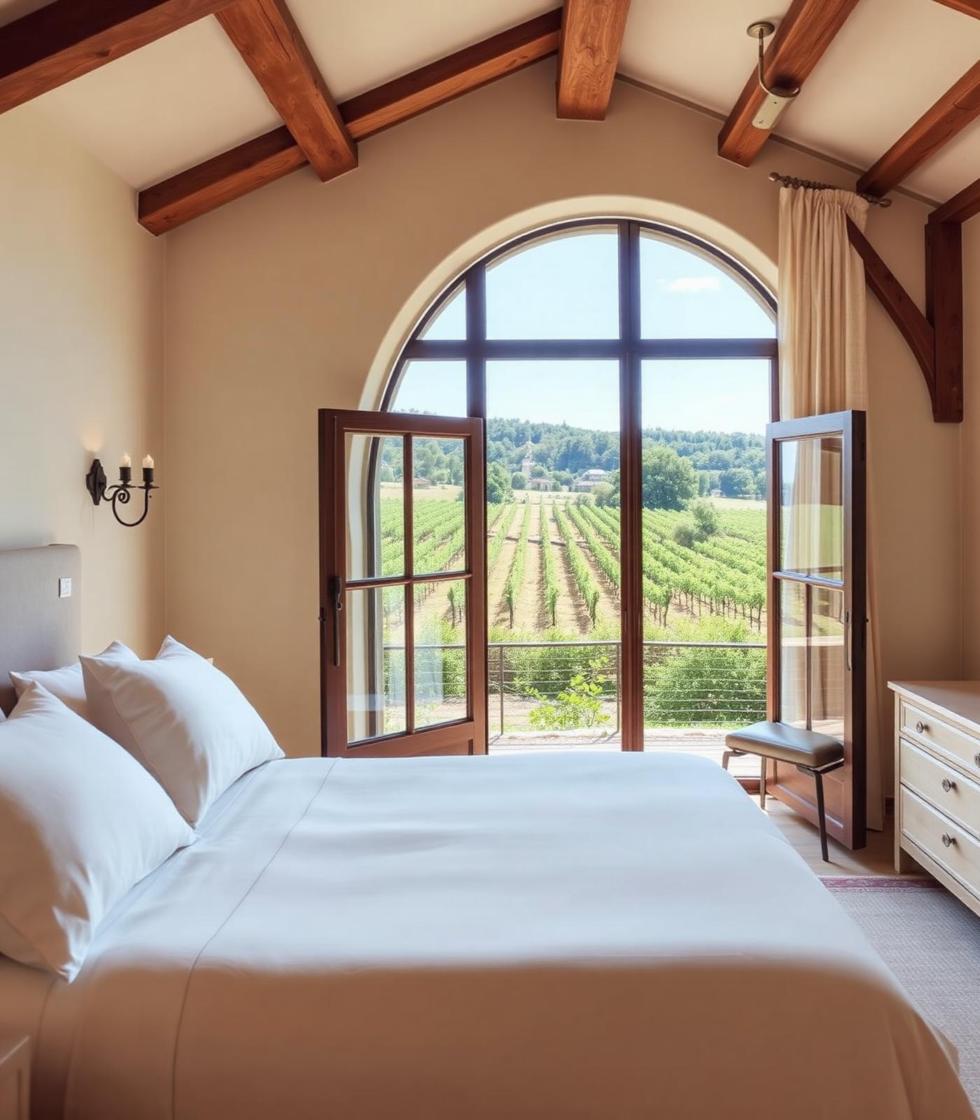 Suite with arched window overlooking the olive grove